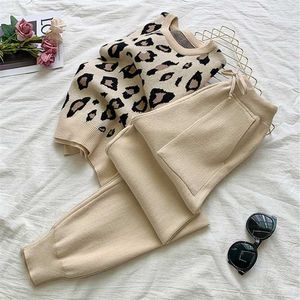HMA femmes à manches longues en tricot pull léopard chandails + taille élastique pantalons ensembles pantalons de mode deux pièces costumes tenue 211007
