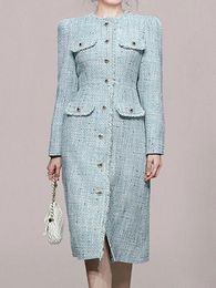 HMA femmes robes hiver manches longues de luxe Oneck gland simple boutonnage Tweed robe coréen bleu élégant mince 240226