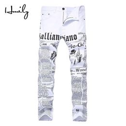HMILY High Street Fashion Heren Jeans Nachtclub Witte Kleur Persoonlijke Designer Gedrukt Jeans Mannen Punk Broek Skinny Hip Hop Jeans X0307P