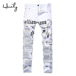 Hmily High Street Fashion Mens Jeans Night Club White Color Personal Designer Gedrukte jeans Men Punk Pants Skinny Hip Hop Jeans X0621