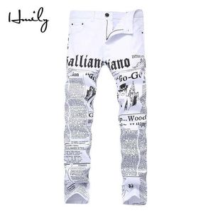 Hmily High Street Fashion Mens Jeans Night Club White Color Personal Designer Gedrukte jeans Men Punk Pants Skinny Hip Hop Jeans X0302C