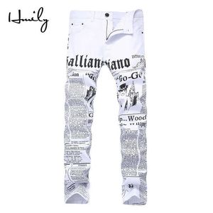 HMILY High Street Fashion Heren Jeans Nachtclub Witte Kleur Persoonlijke Designer Gedrukt Jeans Mannen Punk Broek Skinny Hip Hop Jeans X0221E
