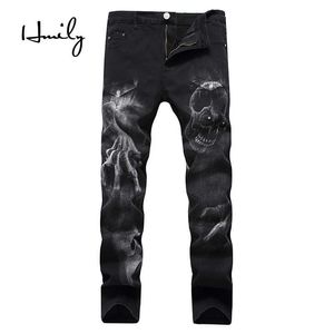 HMILY nieuwe mode heren schedel gedrukt jeans mannen slanke rechte zwarte stretch jeans hoge kwaliteit designer broek nachtclubs jeans y0927