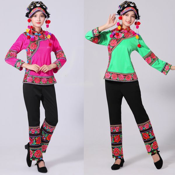 Vêtements Hmong pour femmes Style ethnique broderie Miao Costume danse folklorique chinoise tenue de scène avec coiffe adulte dames