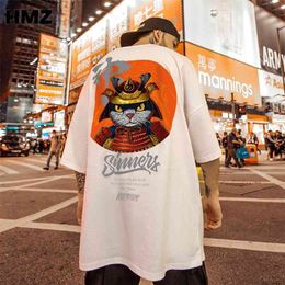 HMZ Hip Hop Tees Chinese Stijl T-shirt Harajuku Korte Mouw Losse Mannen T-shirt Casual Zomer Samurai Cat Oversized Mannelijke Kleding 210706