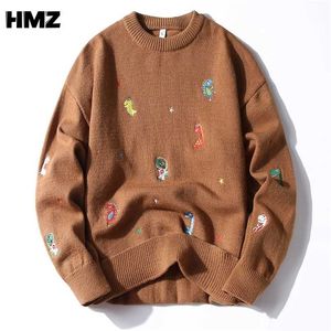 HMZ hiver tricot broderie pull hommes harajuku hip hop streetwear pull pull hommes vêtements mode dessin animé couple pulls 211008