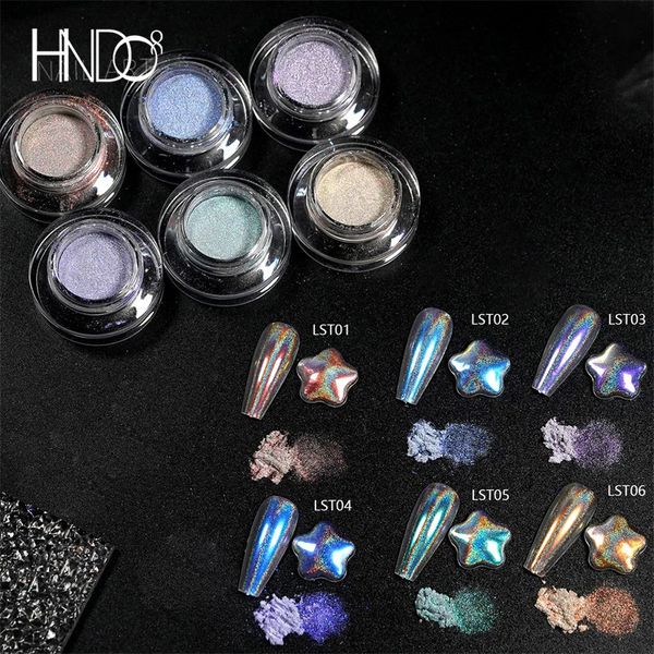 HNDO 6 pièces ensemble holographique Aurora poudre effet arc-en-ciel pour manucure professionnelle Nail Art Design licorne Laser Pigment paillettes 240328