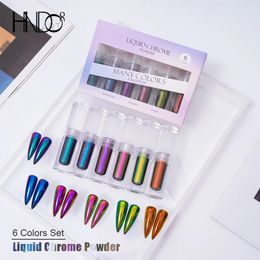 HNDO Tubo pequeño Polvo de cromo líquido Juego de 6 colores Aurora Camaleón Brillo de uñas para decoración de uñas profesional Pigmento de manicura 240301
