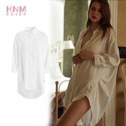 Hnmchief witte jurk shirt vrouwelijke sexy nachtkleding satijnen losse casual thuis nachthemd lange mouwen comfort pyjama nachtkleding vrouwen 210924