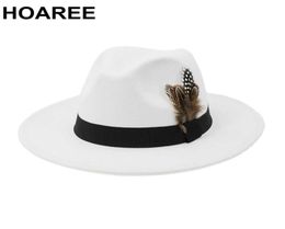 Hoaree Lana blanca Vintage Trilby Fieltro Fedora Sombrero con plumas Mujeres Hombres Sombreros de iglesia Ala ancha Hombre Mujer Otoño Jazz Gorras Q08056872688