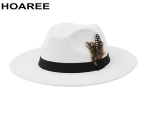 HOAREE WHITE LOOD VINTAGE TRILBY FEET FEDORA HAT avec plumes Femmes Men Chatchs Chapeaux Wide Brim Male Femme Automne Jazz Caps Q08053456364