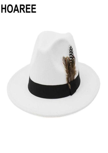 HOAREE WHITE LOOD VINTAGE TRILBY FEET FEDORA HAT avec des femmes plumes hommes Chaguettes Chapeaux larges Brim Male Femme Automne Jazz Caps Q08053782479