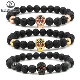 HOBBORN Bracelet en pierre de lave naturelle à la mode femmes hommes Hip Hop or Rose argent couleur charme CZ crâne Bracelets Pulsera Hombre244L