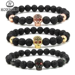 HOBBORN À La Mode Naturel Pierre De Lave Bracelet Femmes Hommes Hip Hop Or Rose Argent Couleur Charme CZ Crâne Bracelets Pulsera Hombre269h