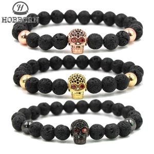 HOBBORN Trendy Natuurlijke Lavasteen Armband Vrouwen Mannen Hip Hop Rose Goud Zilver Kleur Charm CZ Schedel Armbanden Pulsera Hombre293K