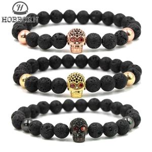 HOBBORN Trendy Natuurlijke Lavasteen Armband Vrouwen Mannen Hip Hop Rose Goud Zilver Kleur Charm CZ Schedel Armbanden Pulsera Hombre2645