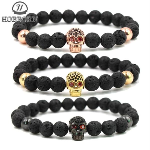 HOBBORN Pulsera de piedra de Lava Natural de moda para hombres y mujeres Hip Hop Color oro rosa plata encanto CZ pulseras de calavera Pulsera Hombre2754