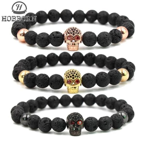 Hobborn Trendy Natural Lava Stone Bracelet Men Hip Hip Gold Rose Gold Plate Color Charm Cz Skull Pulseras Pulsera Hombre289u