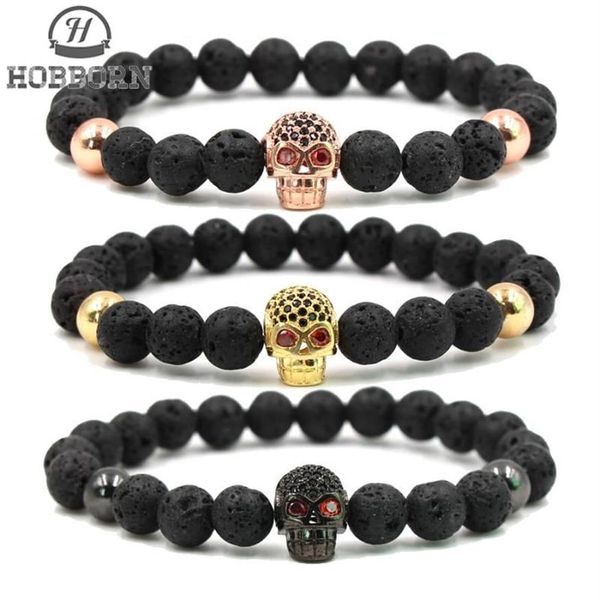 HOBBORN Pulsera de piedra de Lava Natural de moda para hombres y mujeres Hip Hop Color oro rosa plata encanto CZ pulseras de calavera Pulsera Hombre2133