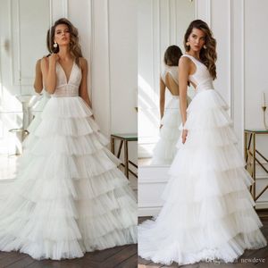 Hobeika gâteau robes magnifiques col en V dentelle Appliques à plusieurs niveaux creux dos balayage Train bohème robe de mariée robes de mariée