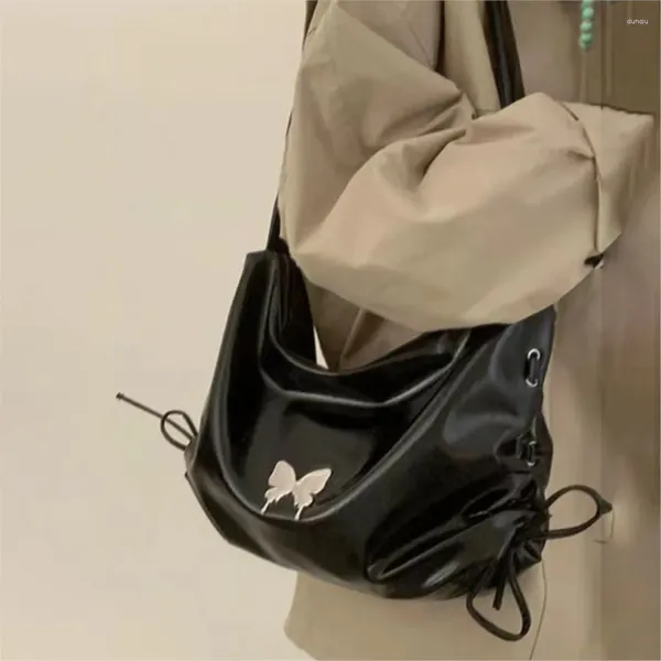 Hobo Jiaerdi Girls Sac à bandoulière noir Femmes Sweet Cool Leather Bow Butterfly Chic Y2K Sac à main femelle Sac messager vintage sac à main