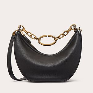 Bolso de mano Hobo Bolsos de media luna Bolsos de hombro para mujer de alta calidad Hardware de metal Correa de cadena Cuero genuino Cierre de cremallera Monedero cruzado Negro