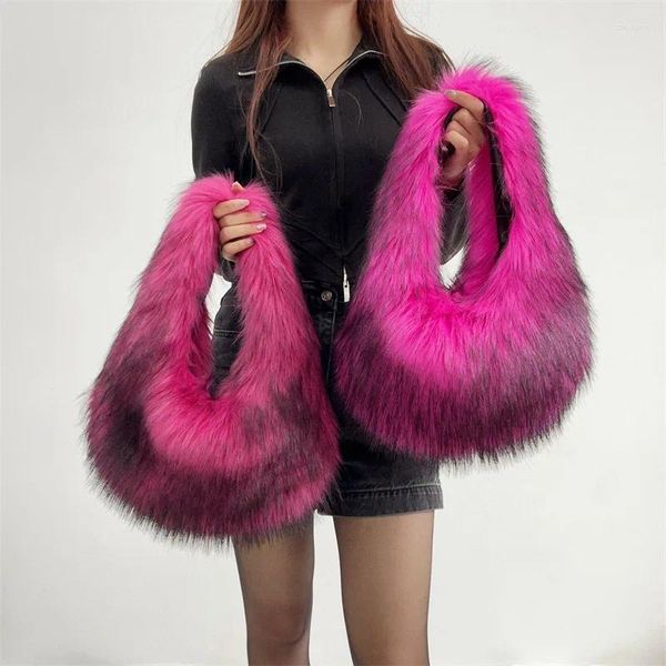 Hobo Vintage Faux Fur Hobos Bolso de hombro para mujeres Bolso y carteras de diseñador de moda 2024 Casual Ladies Plush Totes Bolsas