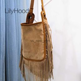 Hobo Women Fashion en cuir franges Hobo Sac à bandoulière 2023 Femme Suede décontractée grande capacité Tassel Gypsy Hippie Boho Ibiza Sac Souchy HKD230817