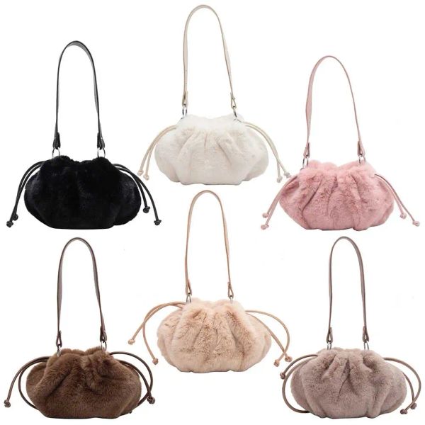 Hobos Women Cloud DrawString Soft Soft Plux Purse Purse Faux Fur Fur Sacs à fourrure Simple Couleur Couleur Sac quotidien hivernal féminin