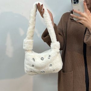 Hobos vrouwen lam als stof schoudertas tas witte donzige pluche handtassen luxe faux bont bezaaid diamanten vrouwen tas kleine portemonnee