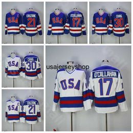 Maillot de hockey 1980 USA Ice 17 Jack Ocallahan Men Vintage 30 Jim Craig 21 Mike Eruzione All Stitched Blue Home White