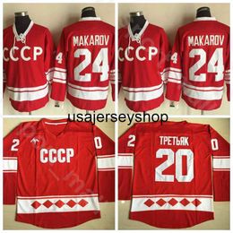 Hockeyshirt CCCP 1980 Rusland Ice 24 Sergei Makarov 20 Vladislav Tretiak Rood Wit All Stitched Home For Sport Fans
