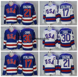 Hockey Jersey Vintage 1980 Heren 21 MIKE ERUZIONE s 30 JIM CRAIG 17 JACK O'CALLAHAN Blauw Wit Gestikte C Patch M-XXXL