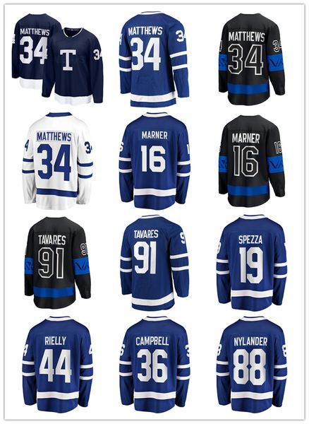 Chandails de hockey Auston Matthews 34 Marner 16 John Tavares 91 Nylander 88 Rielly 44 Campbell 36 Spezza 19 Bleu Blanc 2022 Classique Troisième Noir Taille S-XXXL Cousu Hommes