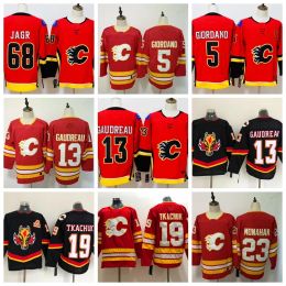 Jerseys de hockey Calgary'''flames 5 Mark Giordano 13 Johnny Gaudreau 23 Sean Monahan 68 Jagr 19 Matthew Tkachuk 323