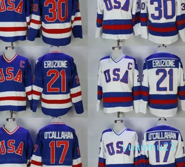 Maillots de hockey Jim Craig Mike Eruzione Jack O'Callahan maillot de hockey film cousu blanc bleu numéro de nom personnalisé