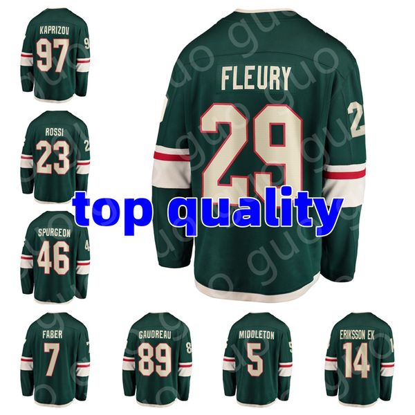 Camisetas de hockey Minnesota Wild # 97 KIRILL KAPRIZOV # 29 MARC-ANDRE FLEURY # 7 BROCK FABER # 23 MARCO ROSSI # 14 JOEL ERIKSSON EK Camiseta de jugador Bordado de local y visitante