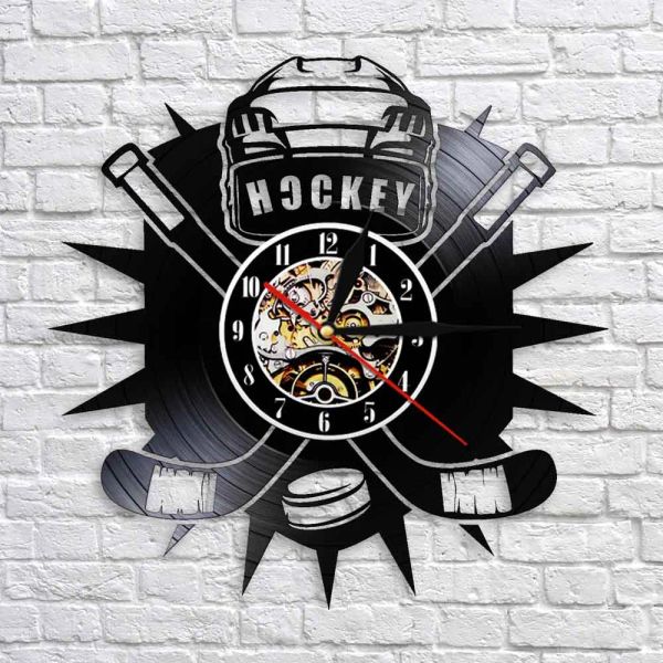 Hockey Hombre Cave Decoración de la pared Reloj Vía del club de hockey Hockey Logotipo de hockey Sticks and Puck Vinyl Record Wall Clock Hockey Fans regalo de hockey