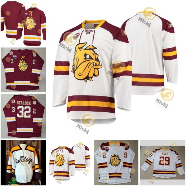 Maillot de hockey des Bulldogs du Minnesota Duluth Brett Hull Scott Perunovich Hunter Shepard Alex Iafallo Jack Connolly J. T. Brown Justin Faulk Maillots UMD cousus sur mesure