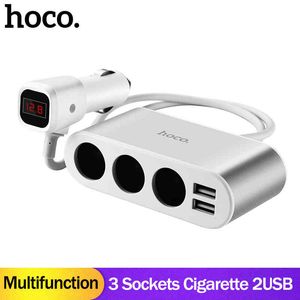 HOCO-autolader 3 Sockets Sigarettenaansteker Adapter Splitter 2 USB-autolader met digitale displayspanning Meter mobiele telefoons