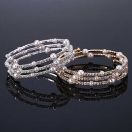 Hocole Goud / Zilver Kleur Metalen Crystal Parel Armbanden voor Dames Mode Rhinestone Bangle Armband Bridal Bruiloft Sieraden Q0719
