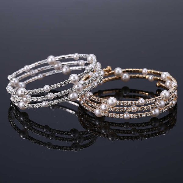 Hocole Or / Argent Couleur Métal Cristal Perle Bracelets Pour Femmes Mode Strass Bracelet Bracelet De Mariée De Mariage Bijoux Q0719