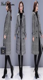 Hodisytian Winter Women Wool Blends Plaid Trench Coat Elegant Outerwear Casual Loose Thick Cardigan Female Cashmere Overcoat 3XL 22917874