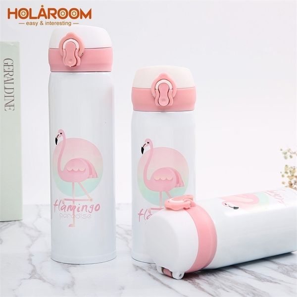 Holaroom Mignon Flamant Rose Motif Isolation Thermique Bouteille D'eau Bouncing Couvercle Tasse À Vide En Acier Inoxydable Flacons Anti-Fuite 211109