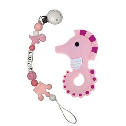 Support pour bébé en silicone avec perles à mâcher - Clip porte-sucette en forme de dinosaure - Anneau de dentition en forme d'hippocampe - Sans BPA - Cadeau idéal pour une douche - Rose