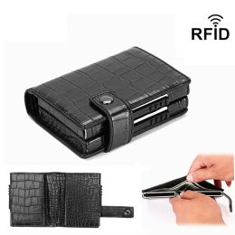 Titulares 2022 PU Leather Double Metal ID de identificación de tarjeta de crédito con Rfid Vintage Card Case Automatic Money Cash Clip Mini Wallet Tarjetero