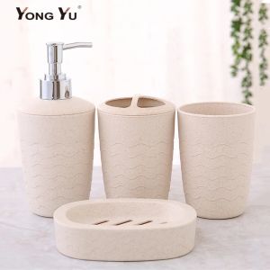 Supports 4 pièces/ensemble accessoires de salle de bain paille de blé écologique porte-savon distributeur bouteille salle de bain porte-brosse à dents tasse costume