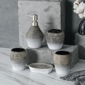 Ensemble de salle de bains en porcelaine, distributeur de savon liquide en céramique, porte-brosse à dents en porcelaine, décoration de la maison, plateau en mélamine 5 pièces