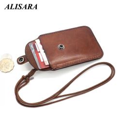 Titulares Alisara Top Cowhide Id Badge Holder Retractable Lanyard Nombre de la etiqueta ID de identificación VERTICAL ID ID CASE VINTAGE