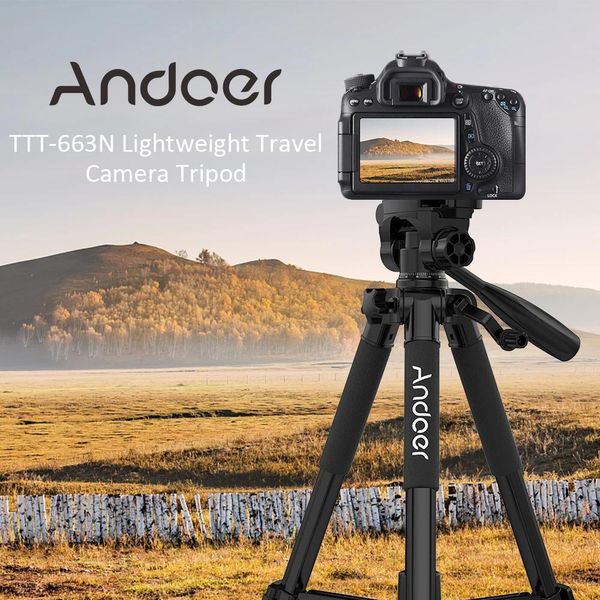 Soportes Andoer TTT663N Trípode 57.5 pulgadas Trípode de cámara liviano de viaje para videocámara DSLR SLR con bolsa de transporte Abrazadera para teléfono Carga máxima 3 kg